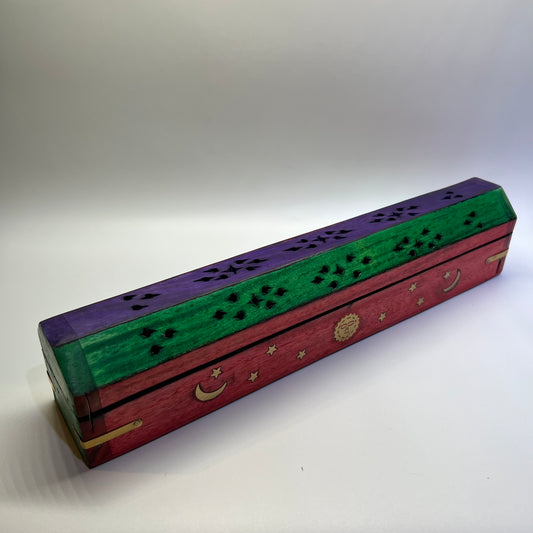 Wooden Incense Box - Green Red Purple